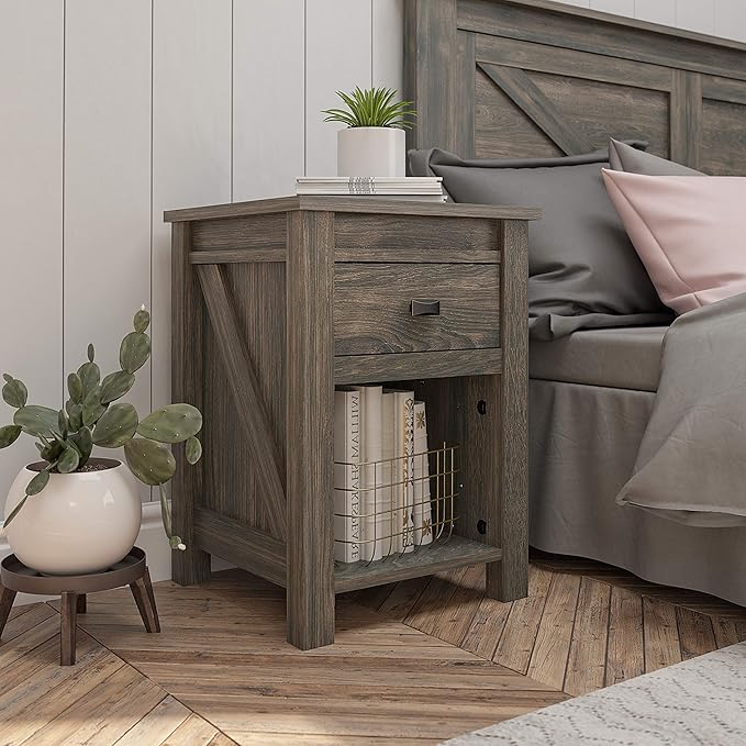 Ameriwood Home Farmington Country Style Nightstand with Barn Door Design, Concealed Drawer and Open Cubby, Weathered Oak