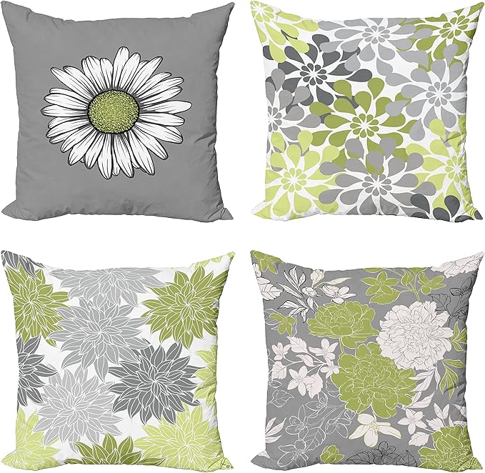 Ambesonne Floral Throw Pillow Cushion Case Pack of 4, Flower Petals Color Palette Chamomile Peony Dahlia and Sunflower, Accent Double-Sided Digital Printing, 18", Grey Pastel Green
