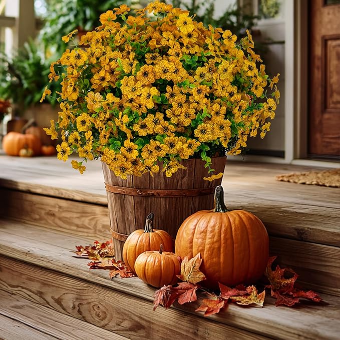 Artificial Fall Flowers for Outdoors Fake Mums - 16 Bundles Faux Plants Outside Greenery Boxwood No Fade Plastic Shrubs Decor Farmhouse Home Garden Thanksgiving (Yellow)