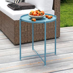 HollyHOME Round Metal Side Table, Outdoor Small Folding Accent Stand with Removable Tray, 17.72'' Portable End Table for Balconies, Gardens, Living Rooms and Bedrooms, Blue