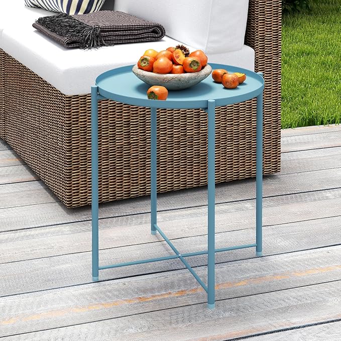 HollyHOME Round Metal Side Table, Outdoor Small Folding Accent Stand with Removable Tray, 17.72'' Portable End Table for Balconies, Gardens, Living Rooms and Bedrooms, Blue