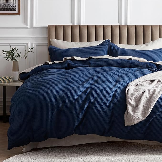 Bedsure Cotton Duvet Cover Set - 100% Cotton Waffle Weave Navy Duvet Cover Oversized King Size, GentleSoft™ and Breathable Bedding Set for All Season, 3 Pieces, 120"x98"