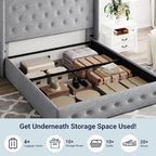 Allewie Queen Size Lift Up Storage Bed, Button Tufted Headboard with Wingback, Hydraulic Support, No Box Spring Needed, Light Grey