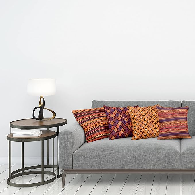 Ambesonne Ethnic Throw Pillow Cushion Case Pack of 4, Tribal Folkloric Pattern of Geometric Forms Shapes and Stripes Print, Modern Accent Double-Sided Digital Printing, 24", Orange Plum