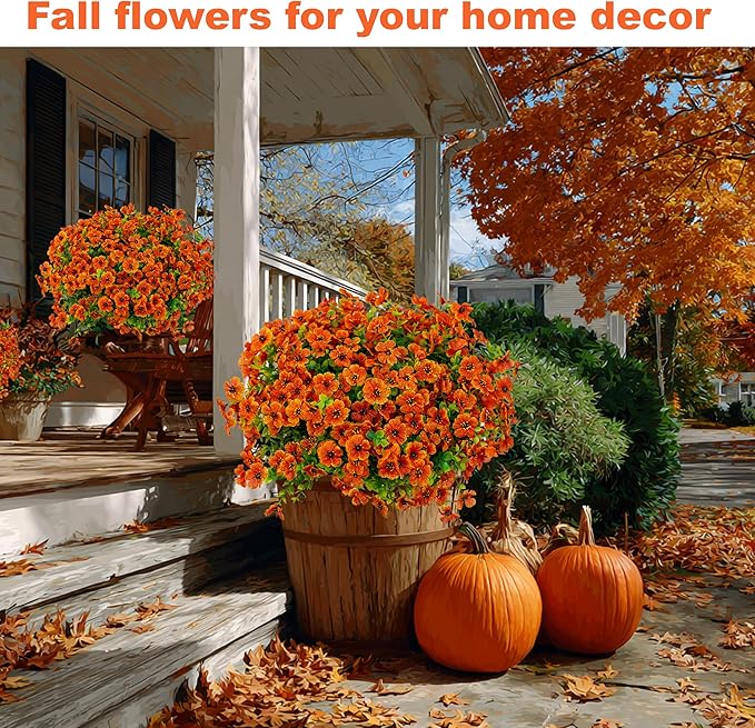 Artificial Fall Flowers Outdoor Fake Mums - 16 Bundles Fake Plants UV Resistant No Fade Faux Plastic Greenery Garden Porch Patio Fall Home Decor (Red Orange16)