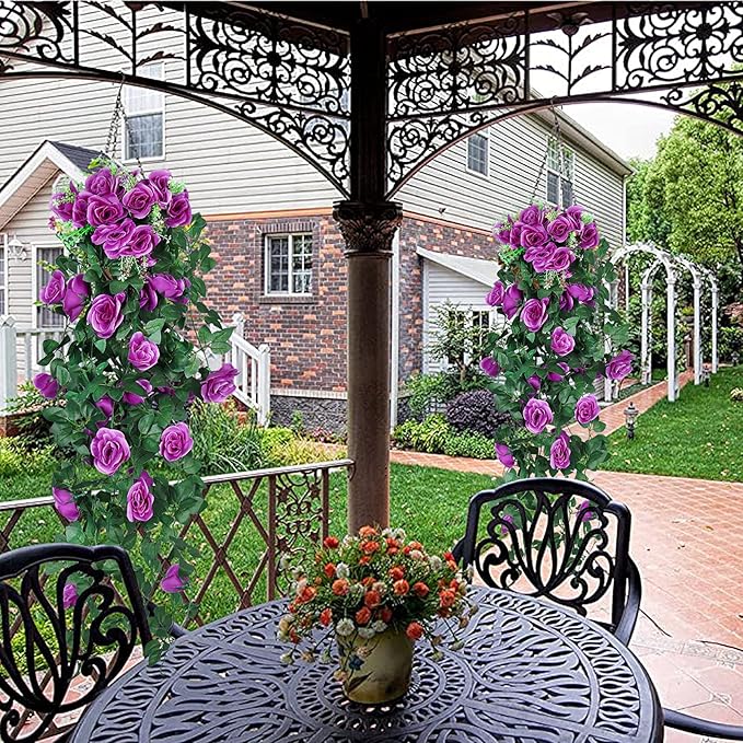 RECUTMS 2Pieces 3.3Ft Fake Hanging Flowers Artificial Rose Plants Wall Décor Wedding Home Garden Decoration (Purple)