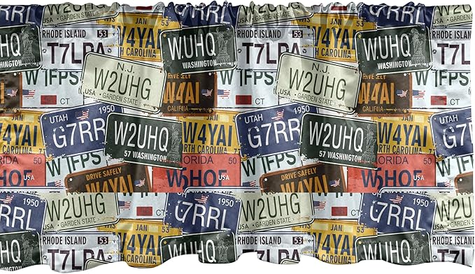 Ambesonne Vintage Window Valance Pack of 2, Original Retro Style License Plates Personalized Creative Travel Vacation, Rod Pocket Curtain Valances for Kitchen Bedroom, 42" X 12", Green Blue Yellow