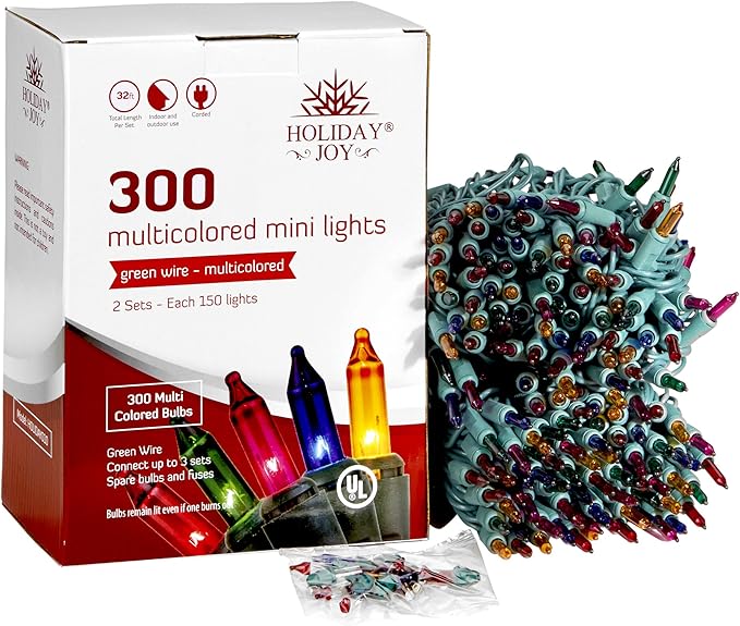 Holiday Joy Christmas Lights for Tree - 300 Count, Multicolor, Mini String Lights with Green Wire for Outdoor and Indoor Decorations﻿