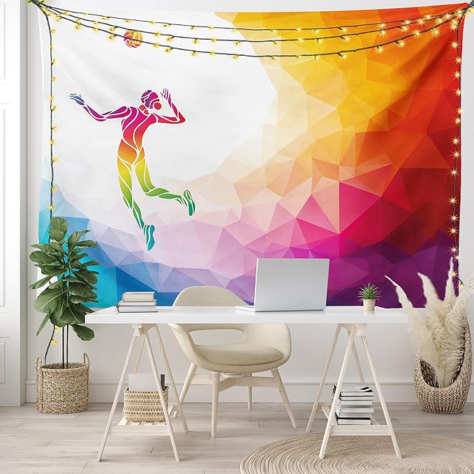 Lunarable Volleyball Tapestry, Colorful Polygonal Background Triangles Jumping Woman Striking The Ball, Wide Wall Hanging for Bedroom Living Room Dorm, 60" X 40", Purple Blue