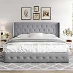 Allewie King Size Lift Up Storage Bed, Button Tufted Headboard with Wingback, Hydraulic Support, No Box Spring Needed, Light Grey
