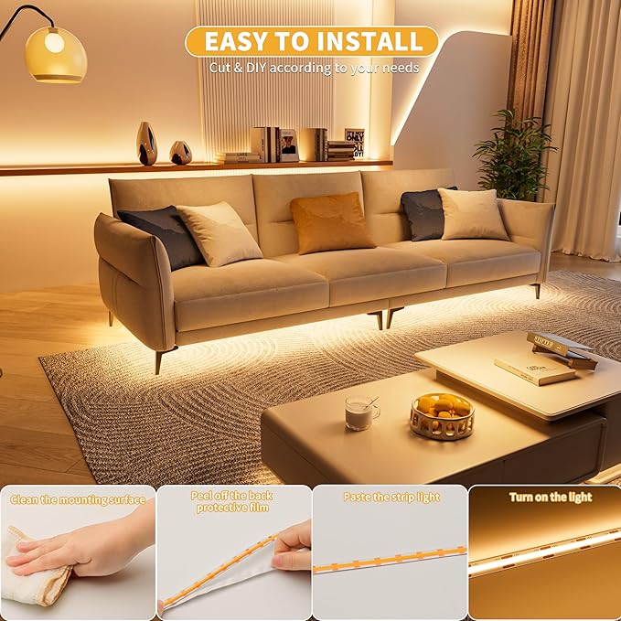 PAUTIX 5V USB COB LED Strip Light 6.56ft/2m 1200lm, 640LEDs Dimmable 3000K Warm White CRI90+ with RF Remote TV Backlight,Flexible Under Cabinet Tape Light for Bedroom,Kitchen,Home,Office DIY Lighting
