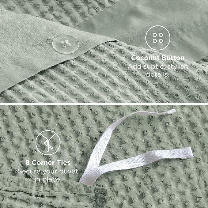 Bedsure Cotton Duvet Cover King - 100% Cotton Waffle Weave Sage Green Duvet Cover King Size, GentleSoft™ and Breathable Bedding Set for All Season, 3 Pieces, 104"x90"