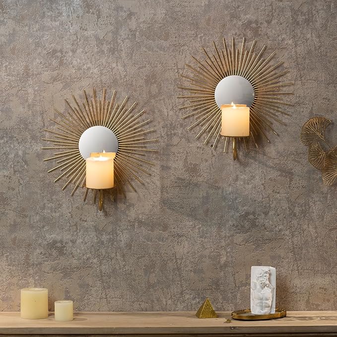 AIM & GGKK Wall Candle Sconce Holder,Set of 2 Mirror Wall Mounted Metal Candle Holder for Home,Living Room, Dining Room,Rustic Farmhouse Boho Decorations