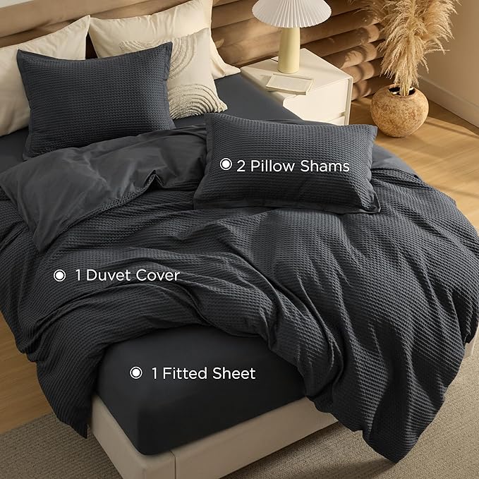 Bedsure 100% Cotton Duvet Cover Queen Size with Fitted Sheet - 4 Pieces Charcoal Waffle Weave Bedding Set, GentleSoft™ and Breathable, Includes 1 Duvet Cover 90x90, 1 Fitted Sheet, 2 Pillow Shams