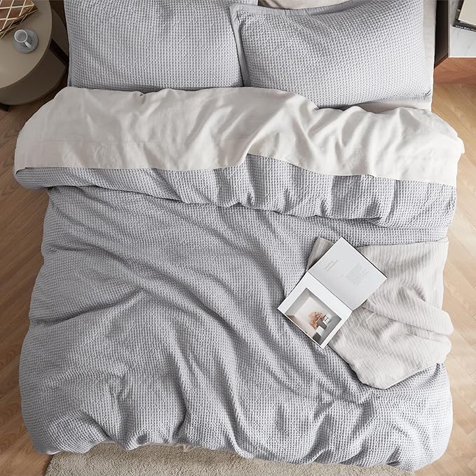 Bedsure Cotton Duvet Cover Queen - 100% Cotton Waffle Weave Grey Duvet Cover Queen Size, GentleSoft™ and Breathable Bedding Set for All Season, 3 Pieces, 90"x90"