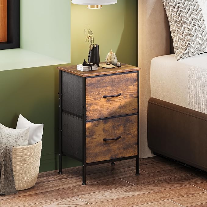 WLIVE Night Stand Set 2, Dresser and Nightstand Sets, Nightstands with 2 Fabric Drawers, End Tables for Bedroom, Bedside Furniture, College Dorm, Rustic Brown Wood Grain Print, Size L