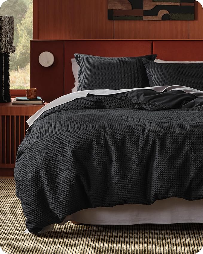 Bedsure Cotton Duvet Cover Set - 100% Cotton Waffle Weave Black Duvet Cover Oversized King Size, GentleSoft™ and Breathable Bedding Set for All Season, 3 Pieces, 120"x98"