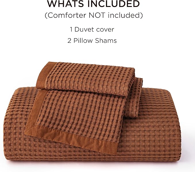 Bedsure Cooling Waffle Duvet Cover King - Cotton Blend Rayon Derived from Bamboo Duvet Cover Set for Hot Sleepers, Breathable Bedding Set with a Vintage Charm, 3 Pieces (Burnt Orange, King, 104"x90")