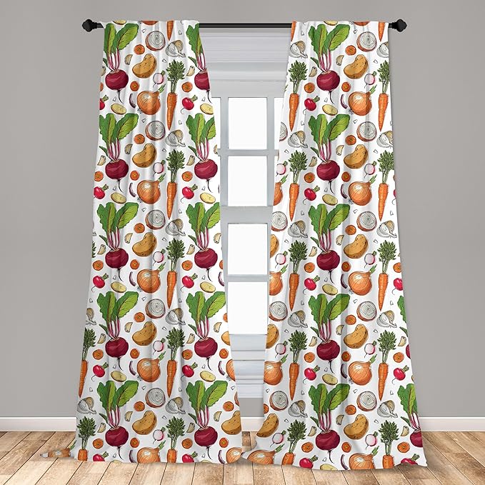 Ambesonne Vegetables 2 Panel Curtain Set, Continuous Pattern of Sketchy Painted Healthy Natural Tasty Food Illustration, Window Treatment Living Room Bedroom Decor, Pair of - 28" x 84", Green Orange