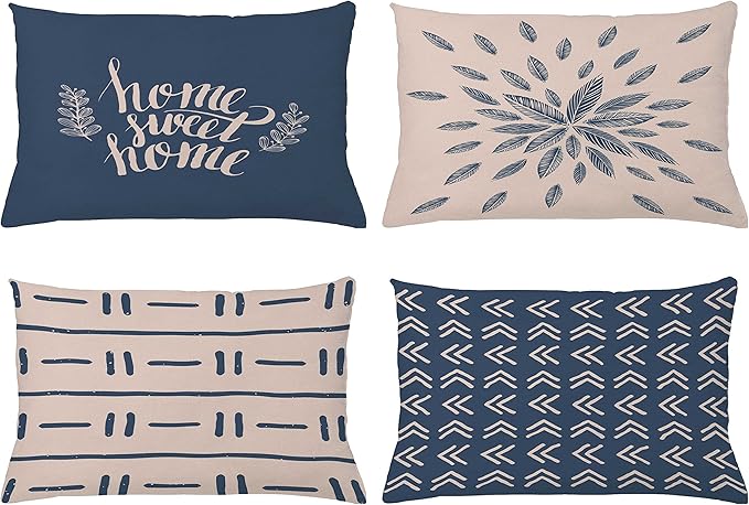 Ambesonne Modern Throw Pillow CushiCase Pack 4, Scandinavian Minimal Ornaments Boho Feather Leaves Home Phrase, Modern Accent Double-Sided Digital Printing, 20" x 12", Pale Tan and Slate Blue