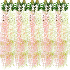 Giegxin 24 Pcs Artificial Wisteria Hanging Flowers 3.6 ft Artificial Fake Wisteria Vine Rattan Hanging Garland Silk Flowers String for Wall Home Wedding Party Greenery Decorations (Pink,White)