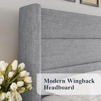 Allewie King Size Lift Up Storage Bed, Modern Wingback Headboard, Hydraulic Support, No Box Spring Needed, Light Grey