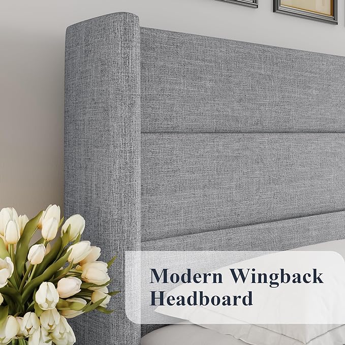Allewie King Size Lift Up Storage Bed, Modern Wingback Headboard, Hydraulic Support, No Box Spring Needed, Light Grey