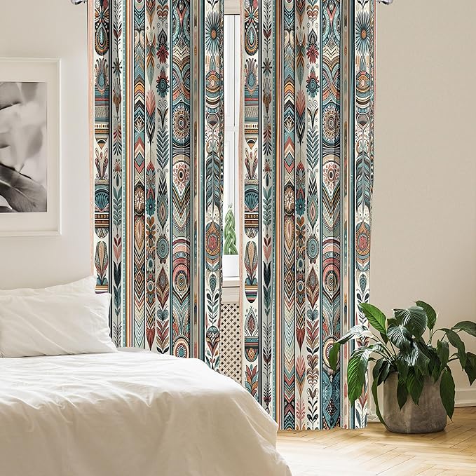 Ambesonne Ethnic Window Curtains Pack of 2, Folkloric Style Floral Ornaments with Bohemian Oriental Motifs as Stripes, Lightweight Set with Rod Pocket, 4 Panels of - 28" x 63", Teal Coral and Orange