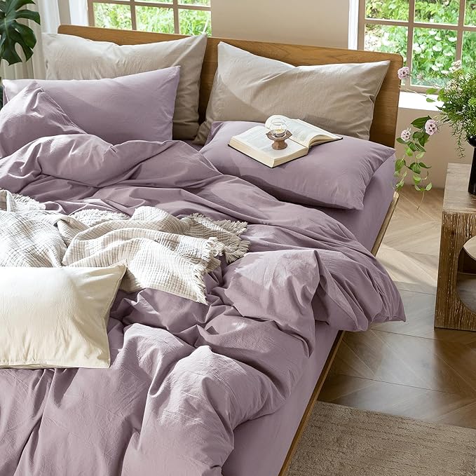 MooMee Bedding Duvet Cover Set 100% Washed Cotton Linen Like Textured Breathable Durable Soft Comfy (Solid Taro Purple, Oversized King Plus 128"x120")