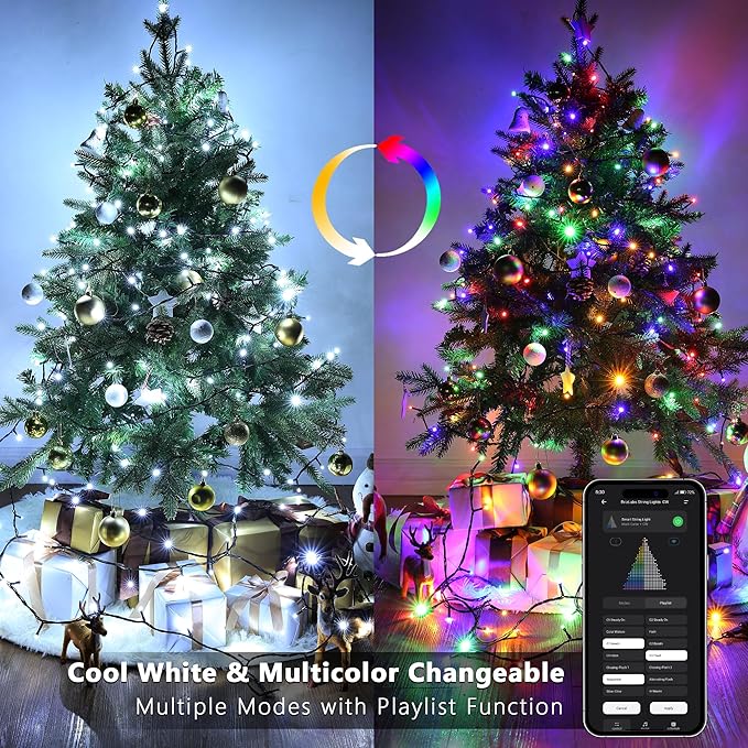 BrizLabs Smart Christmas String Lights, 115ft 300 LED Cool White & Multicolor Color Changing Christmas Lights with App & Voice Control, Dimmable Music Sync Xmas Tree Light for Indoor Outdoor Decor