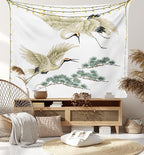Lunarable Bird Tapestry, 2 Japanese Cranes Flying Traditional Painting Style Far Eastern Illustration, Fabric Wall Hanging Decor for Bedroom Living Room Dorm, 30" X 45", Ivory Green Black