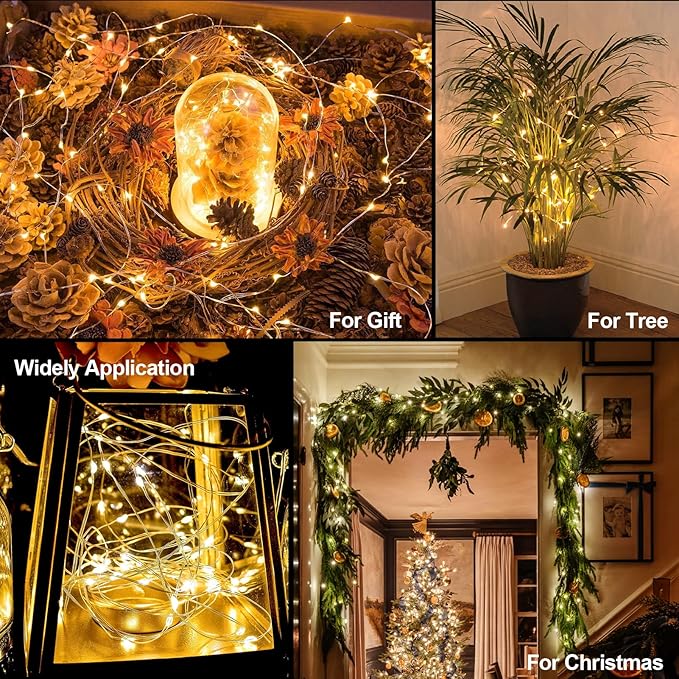 4 Pack Timer Fairy Lights Battery Operated 16.4Ft 50 LEDs Silver Copper Wire Christmas Twinkle Lights with 5 Lighting Modes for Indoor Outdoor Wedding Holiday Yard Decorations (Warm White)