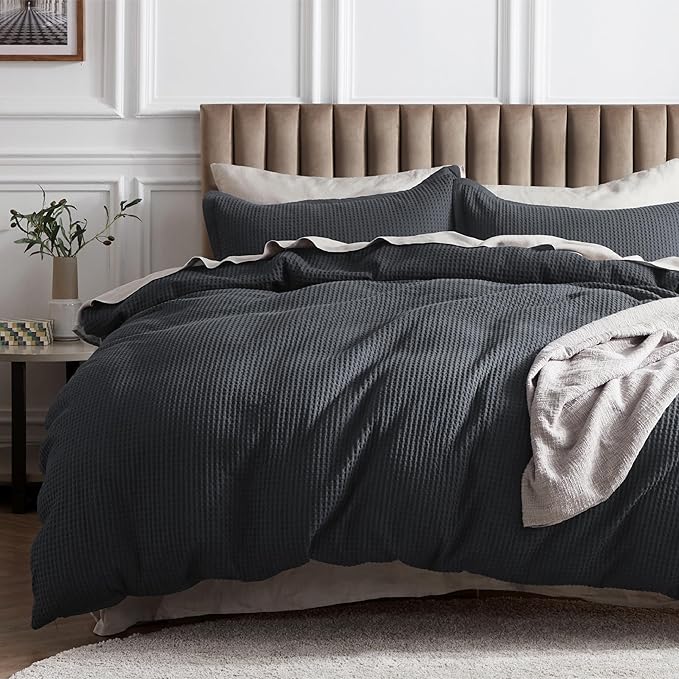 Bedsure Cotton Duvet Cover King - 100% Cotton Waffle Weave Charcoal Duvet Cover King Size, GentleSoft™ and Breathable Bedding Set for All Season, 3 Pieces, 104"x90"
