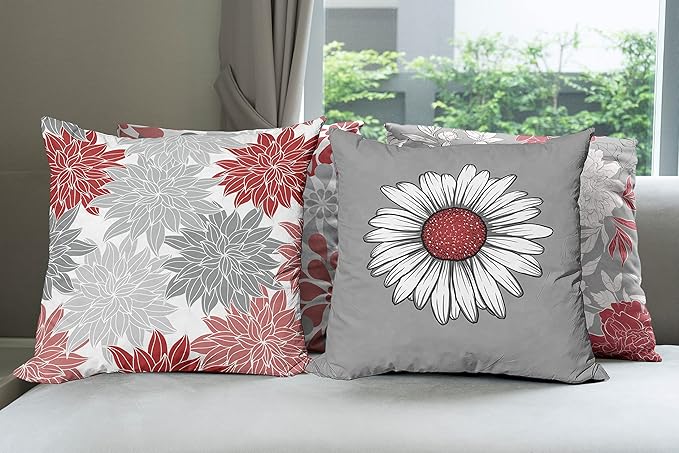Ambesonne Floral Throw Pillow Cushion Case Pack of 4, Flower Petals Modern Color Palette Chamomile Peony Dahlia and Sunflower Print, Modern Accent Double-Sided Digital Printing, 16", Grey Dark Pink