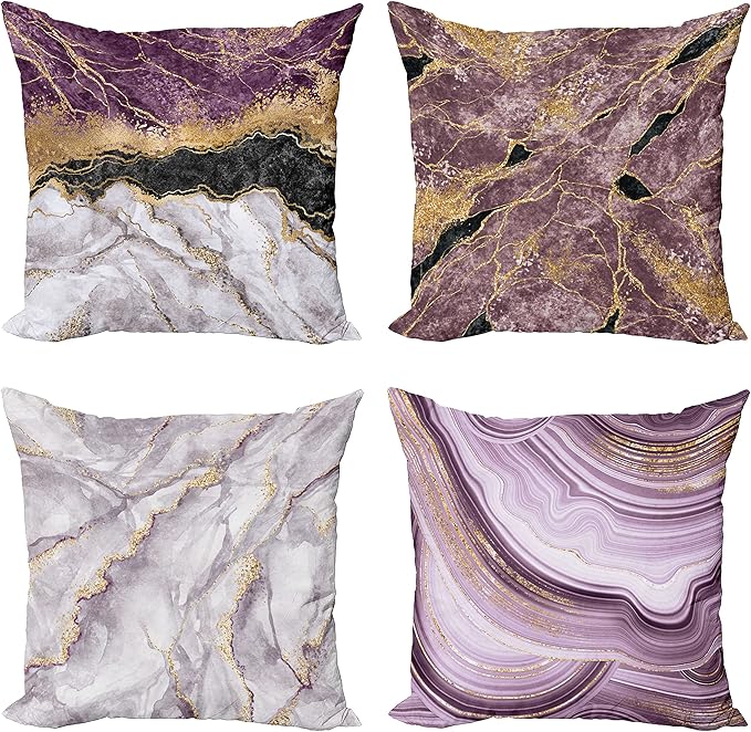Ambesonne Marble Print Throw Pillow Cushion Case Pack of 4, Quartz Inspired Design of Stone Surface Look Print Modern Style Stained, Modern Accent Double-Sided Digital Printing, 20", Mauve Lilac Grey