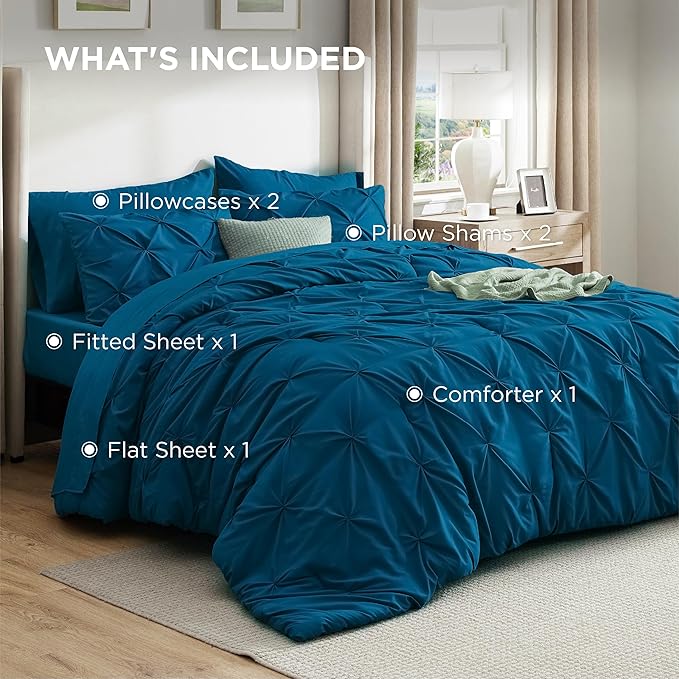 Bedsure King Size Comforter Set Teal - Bed in a Bag Bedding Set 7 Pieces, GentleSoft™ Pintuck Bed Set Gift for Family, Pinch Pleat Teal Comforter with Sheets, Pillowcases & Shams