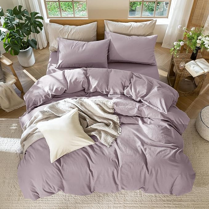 MooMee Bedding Duvet Cover Set 100% Washed Cotton Linen Like Textured Breathable Durable Soft Comfy (Solid Taro Purple, Queen 90"x90")