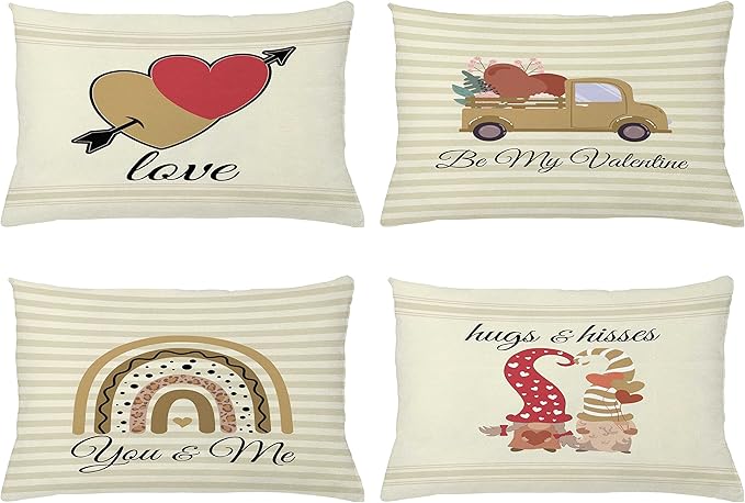 Ambesonne Romantic Throw Pillow CushiCase Pack 4, Love Hearts Arrow You Me Be My Valentine Hugs Kisses Lettering, Modern Accent Double-Sided Digital Printing, 20" x 12", Ivory Camel and Dark Pink