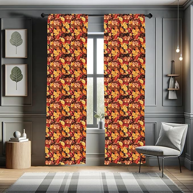 Ambesonne Fall Curtains, Happy Autumnal Colors with Birds in Nests Cartoon Illustration Print, Window Treatments 2 Panel Set for Living Room Bedroom, Pair of - 28" x 84", Cinnamon Amber and Orange
