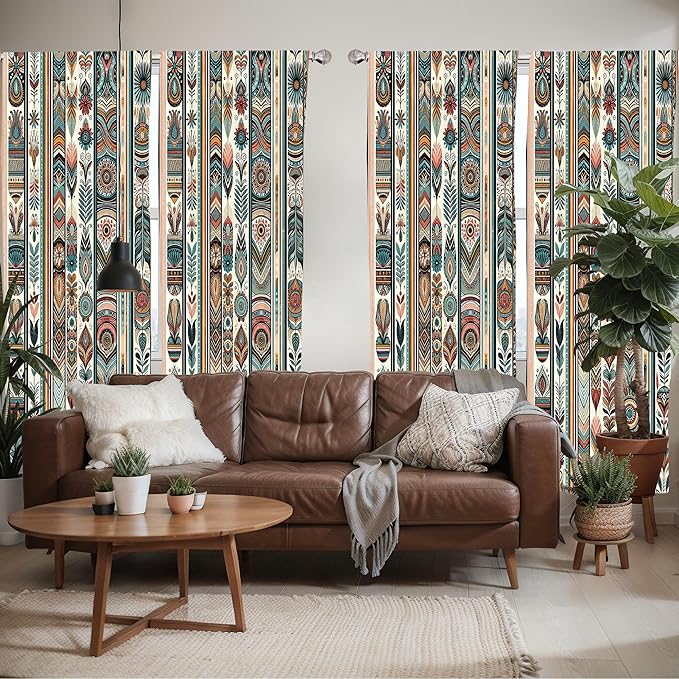 Ambesonne Ethnic Window Curtains Pack of 2, Folkloric Style Floral Ornaments with Bohemian Oriental Motifs as Stripes, Lightweight Set with Rod Pocket, 4 Panels of - 28" x 63", Teal Coral and Orange