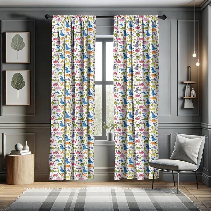 Ambesonne Dino Window Curtains, Cartoon Style Colorful Dinosaurs T-Rex Triceratops Prehistoric Reptile Wildlife, Lightweight Decor 2-Panel Set with Rod Pocket, Pair of - 28" x 95", Blue Green