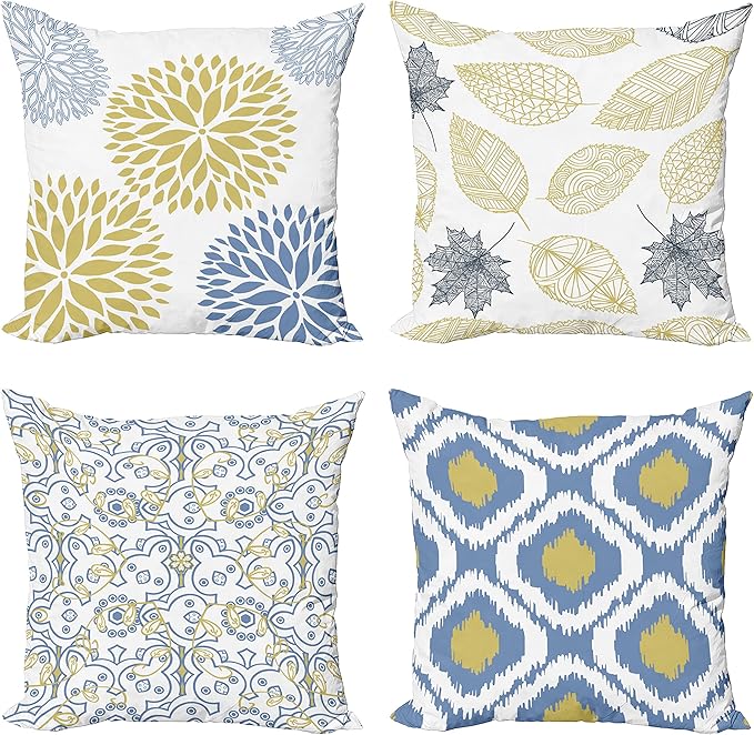 Ambesonne Vintage Throw Pillow Cushion Case Pack of 4, Bohemian Ornamental Leaves Dahlia Pattern Geometric Art Curlicue Motif, Modern Accent Double-Sided Digital Printing, 24", Mustard Dark Ceil Blue