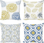 Ambesonne Vintage Throw Pillow Cushion Case Pack of 4, Bohemian Ornamental Leaves Dahlia Pattern Geometric Art Curlicue Motif, Modern Accent Double-Sided Digital Printing, 24", Mustard Dark Ceil Blue