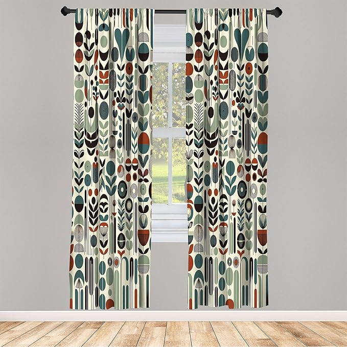 Ambesonne Leafy Art Curtains, Scandinavian Leaves Pattern with Geometric Roundy Modern Boho Print, Window Treatments 2 Panel Set for Living Room Bedroom, Pair of - 28" x 95", Pale Green Redwood Teal