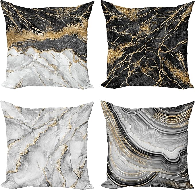 Ambesonne Marble Throw Pillow Cushion Case Pack of 4, Obsidian Like Ornaments Natural Stone Stains and Veins Golden Yellow Tone, Modern Accent Double-Sided Digital Printing, 20", Charcoal Grey Coconut