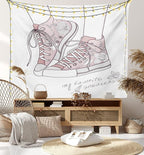 Lunarable Cartoon Tapestry King Size, Shoes with Floral Pattern Teenage Girls Sneakers Flowers Birds Retro Urban, Wall Hanging Bedspread Bed Cover Wall Decor, King Size, Rose White