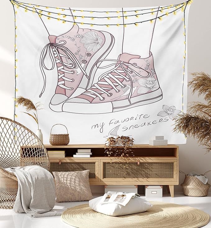 Lunarable Cartoon Tapestry King Size, Shoes with Floral Pattern Teenage Girls Sneakers Flowers Birds Retro Urban, Wall Hanging Bedspread Bed Cover Wall Decor, King Size, Rose White