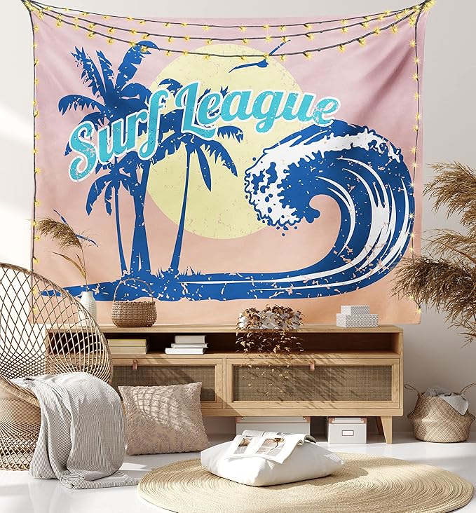 Lunarable Vintage Hawaii Tapestry, Surf League Lettering with Wave Tropical Trees and Birds Silhouettes Print, Fabric Wall Hanging Decor for Bedroom Living Room Dorm, 45" X 30", Pink Blue