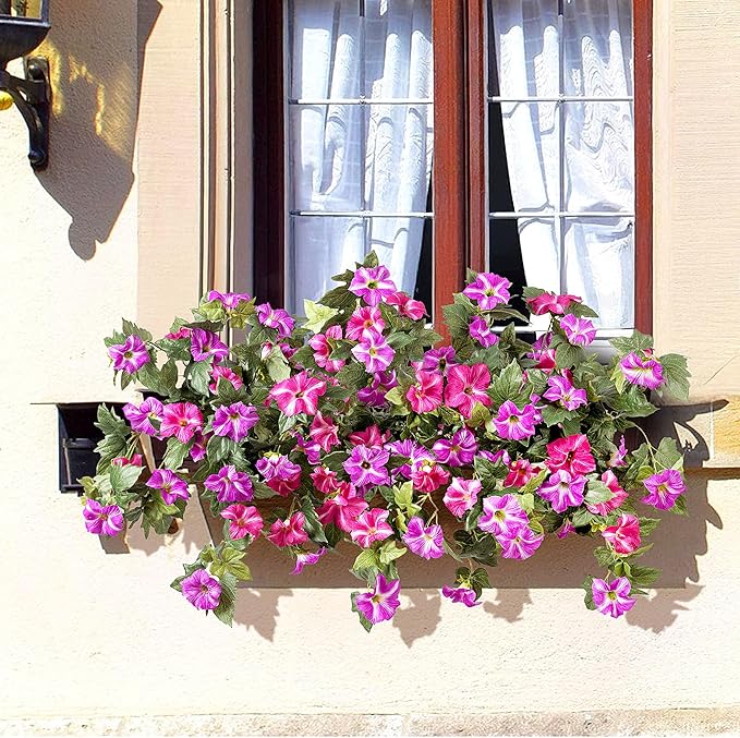 Artificial Fake Flowers Plants for Outdoor Decoration, 2PCS Faux Petunias Silk Flower UV Resistant No Fade Floral for Home Outside Garden Balcony Yard Porch Realistic Indoor Decor (Red Lotus)