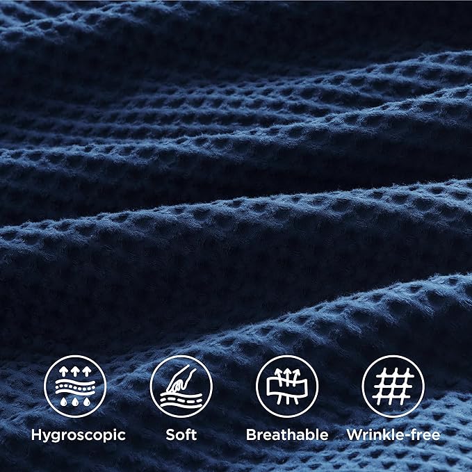 Bedsure Cotton Duvet Cover Queen - 100% Cotton Waffle Weave Navy Blue Duvet Cover Queen Size, GentleSoft™ and Breathable Bedding Set for All Season, 3 Pieces, 90"x90"